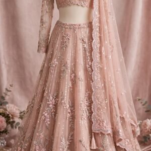 Blush pink net designer bridal lehenga with silver sequins, cutdana and matching net dupatta by NoorNoorani
