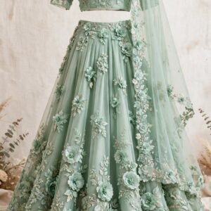 Mint green organza mehndi lehenga with 3D floral embroidery, bell-sleeve choli and floral organza dupatta by NoorNoorani