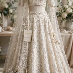Ivory pearl white nikkah lehenga with sweetheart-neck choli, pearl work and sheer net dupatta by NoorNoorani
