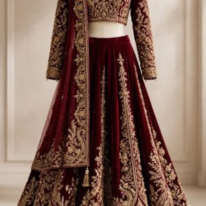 Royal maroon velvet bridal lehenga with full-sleeve choli and heavy gold zardozi and dabka work by NoorNoorani