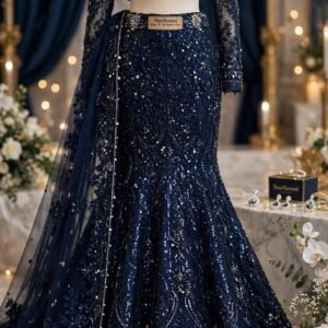 Midnight blue sequin mermaid walima lehenga with stone and cutdana work and net dupatta by NoorNoorani