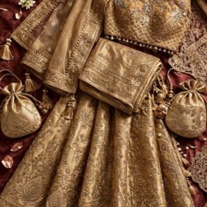 Antique gold zari Banarasi bridal lehenga with full-sleeve choli and Banarasi dupatta by NoorNoorani