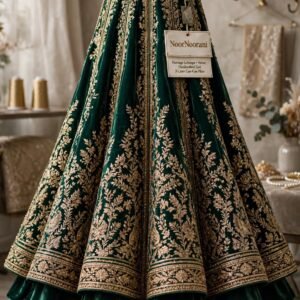 Emerald green velvet bridal lehenga with antique gold zari work and three-layer can-can by NoorNoorani